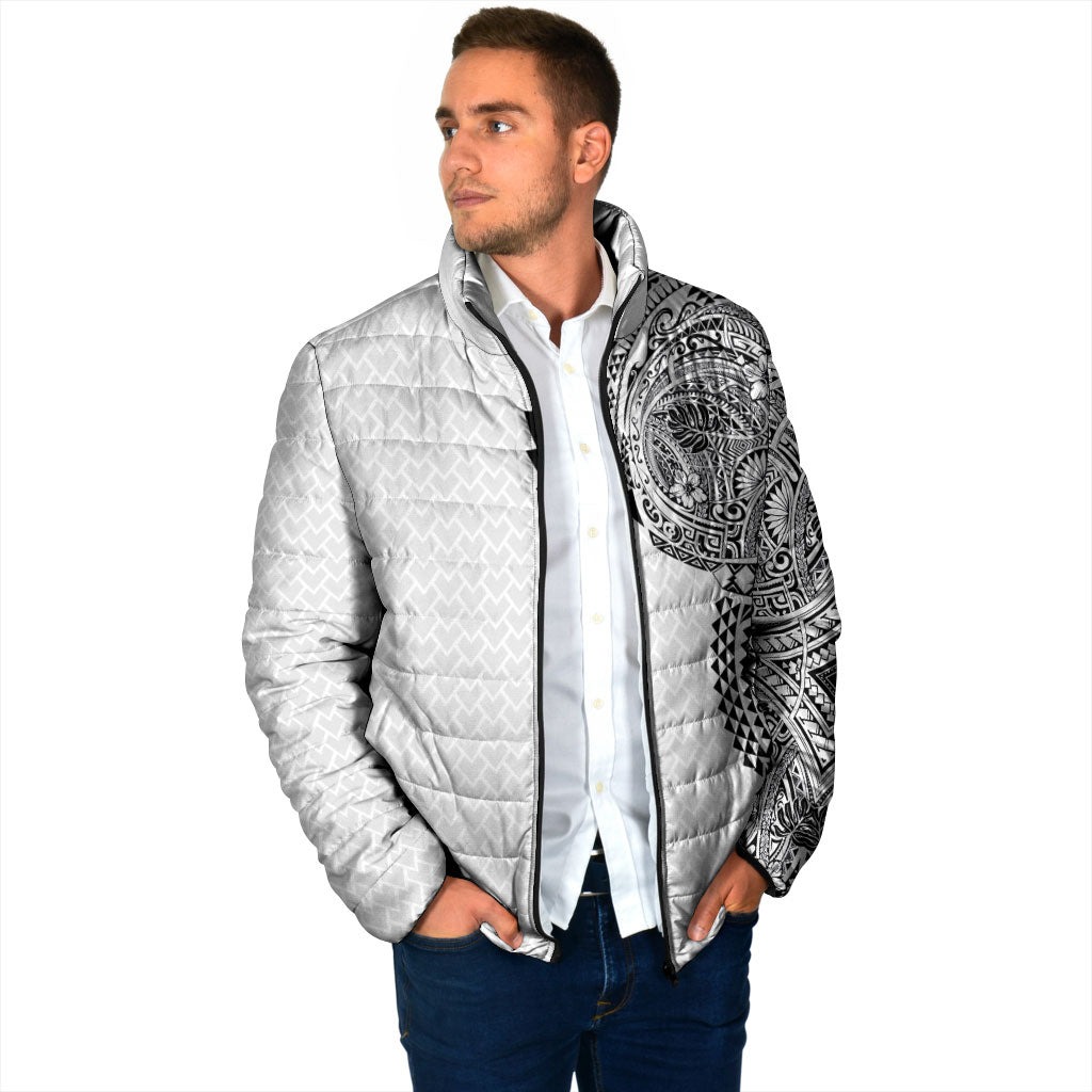 Hawaiian Traditional Tattoos Padded Jacket Kakau Tribal Tropical Plant Motif White Color