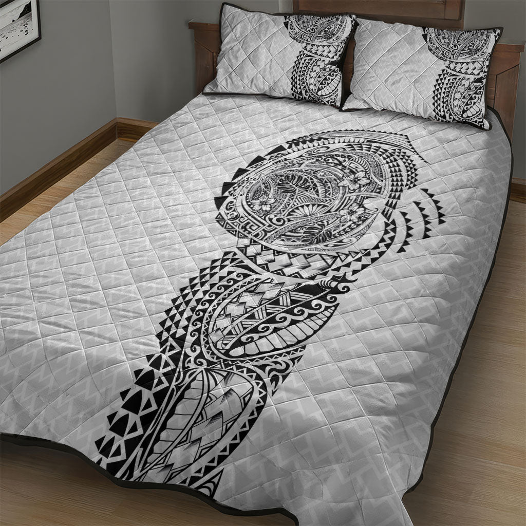 Hawaiian Traditional Tattoos Quilt Bed Set Kakau Tribal Tropical Plant Motif White Color LT03 - Polynesian Pride
