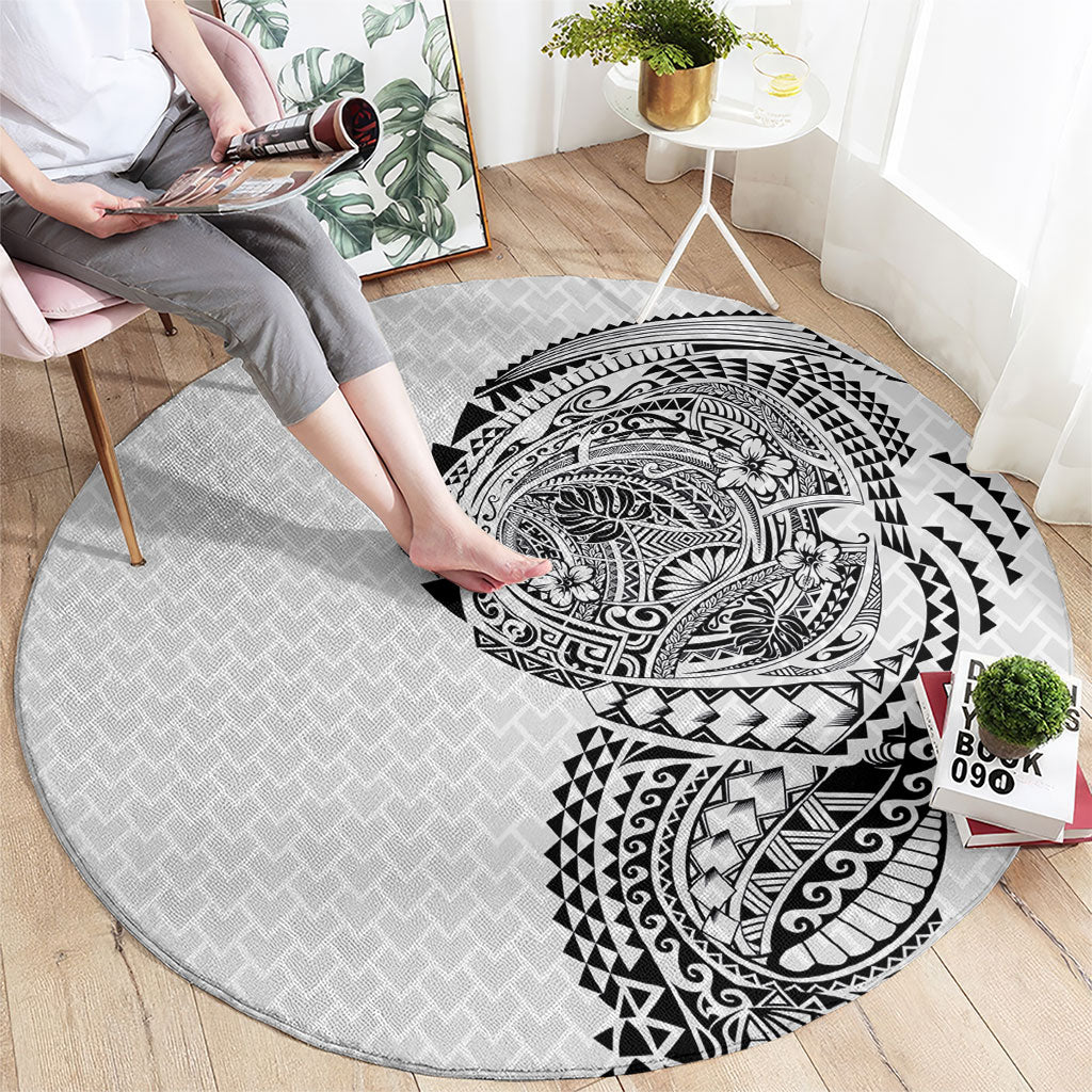 Hawaiian Traditional Tattoos Round Carpet Kakau Tribal Tropical Plant Motif White Color LT03 - Polynesian Pride
