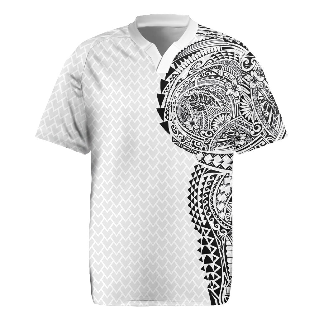 Hawaiian Traditional Tattoos Rugby Jersey Kakau Tribal Tropical Plant Motif White Color