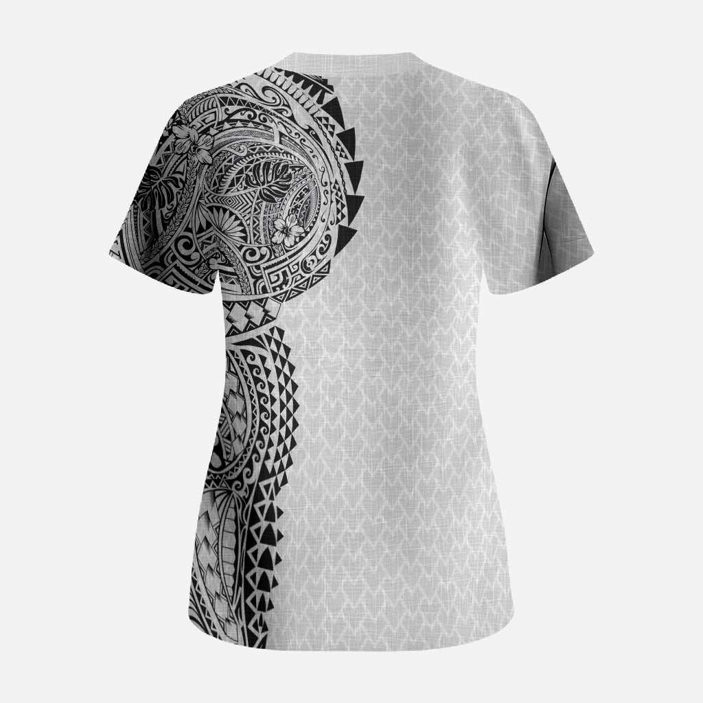 Hawaiian Traditional Tattoos Scrub Top Kakau Tribal Tropical Plant Motif White Color
