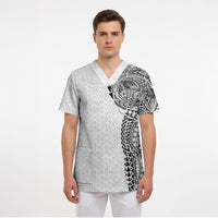 Hawaiian Traditional Tattoos Scrub Top Kakau Tribal Tropical Plant Motif White Color