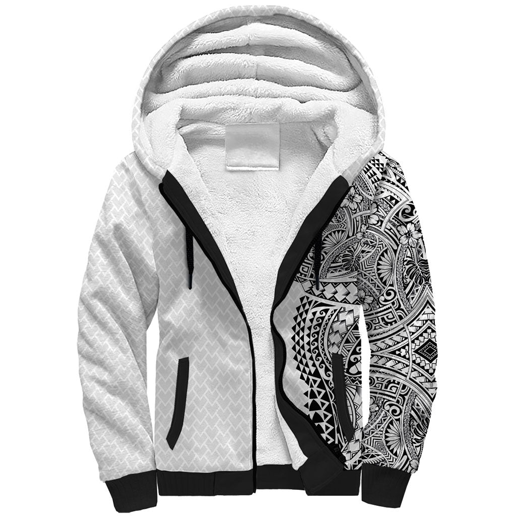 Hawaiian Traditional Tattoos Sherpa Hoodie Kakau Tribal Tropical Plant Motif White Color LT03 Unisex White - Polynesian Pride