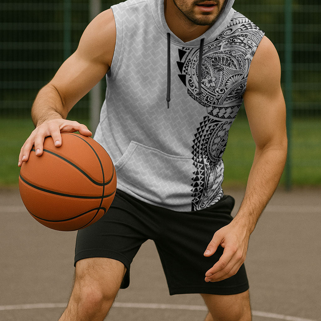 Hawaiian Traditional Tattoos Sleeveless Hoodie Kakau Tribal Tropical Plant Motif White Color LT03 - Polynesian Pride