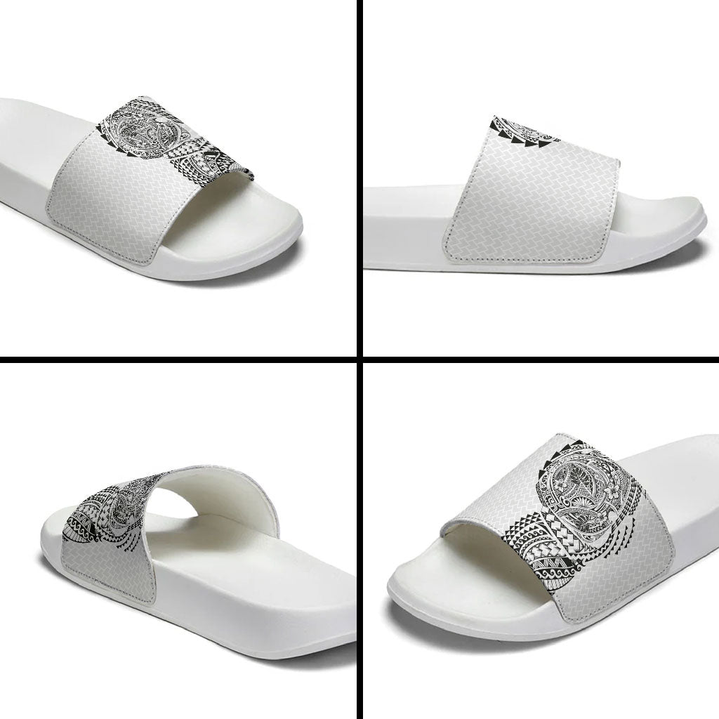 Hawaiian Traditional Tattoos Slide Sandals Kakau Tribal Tropical Plant Motif White Color