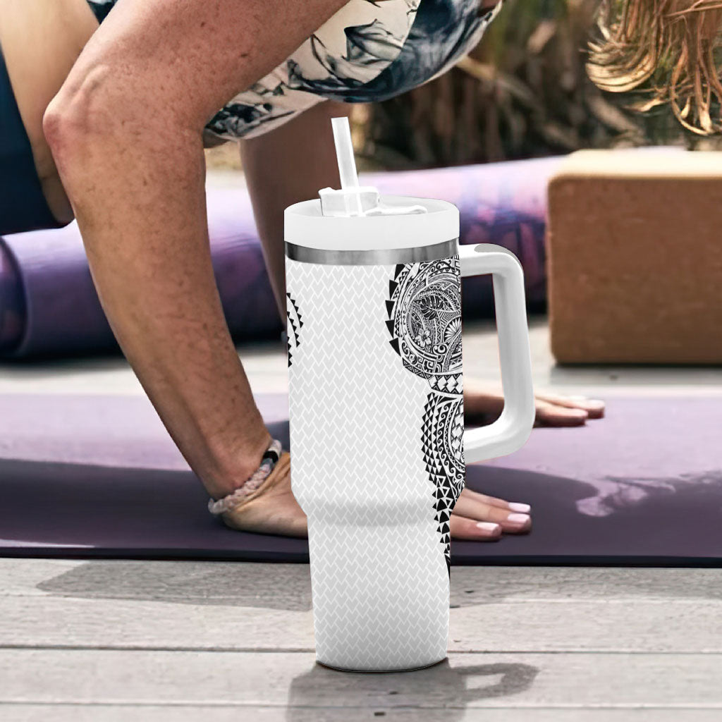 Hawaiian Traditional Tattoos Tumbler With Handle Kakau Tribal Tropical Plant Motif White Color LT03 - Polynesian Pride