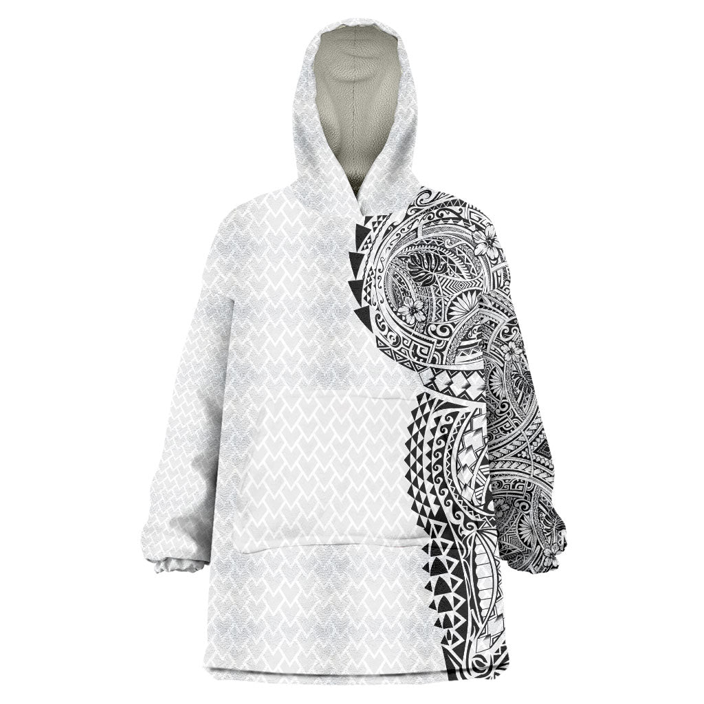 Hawaiian Traditional Tattoos Wearable Blanket Hoodie Kakau Tribal Tropical Plant Motif White Color