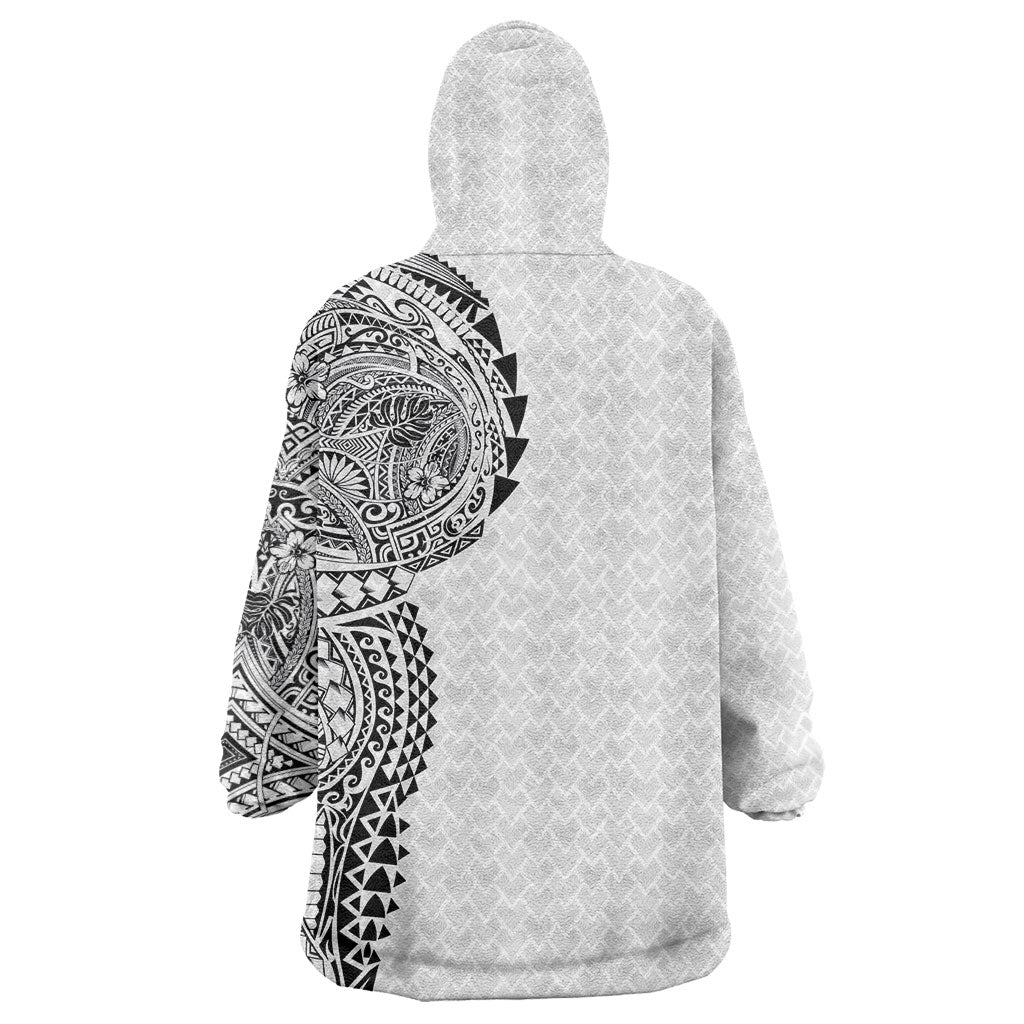 Hawaiian Traditional Tattoos Wearable Blanket Hoodie Kakau Tribal Tropical Plant Motif White Color