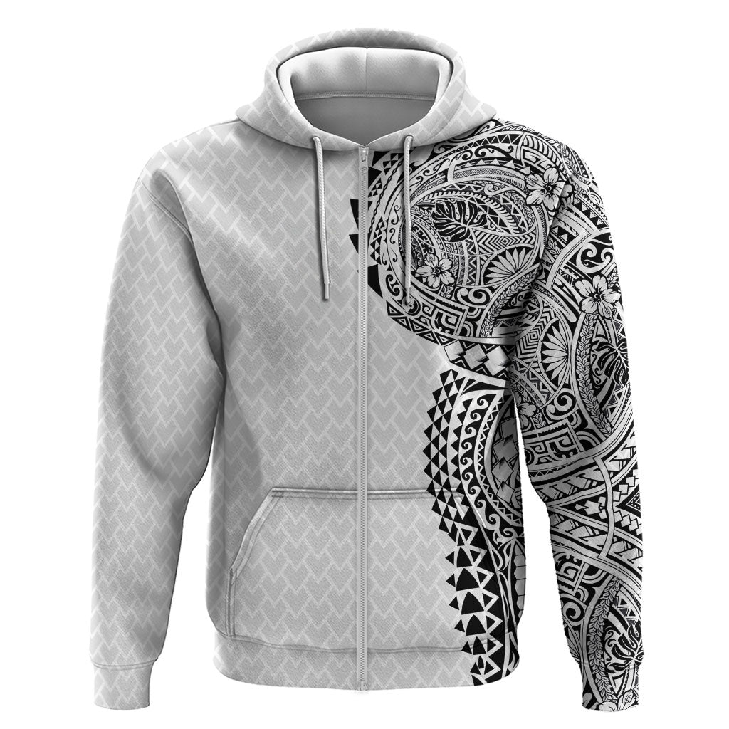Hawaiian Traditional Tattoos Zip Hoodie Kakau Tribal Tropical Plant Motif White Color LT03 Zip Hoodie White - Polynesian Pride