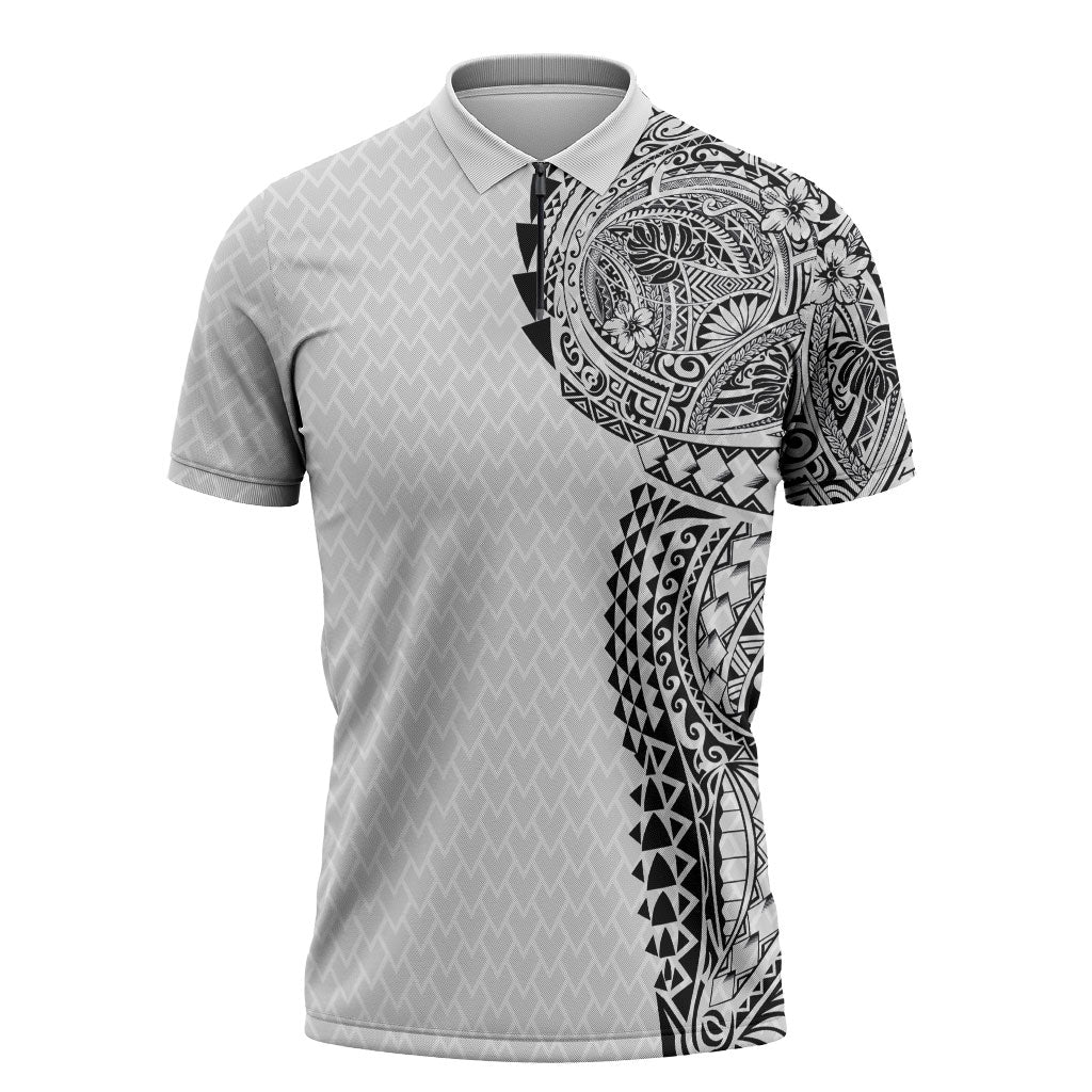 Hawaiian Traditional Tattoos Zipper Polo Shirt Kakau Tribal Tropical Plant Motif White Color