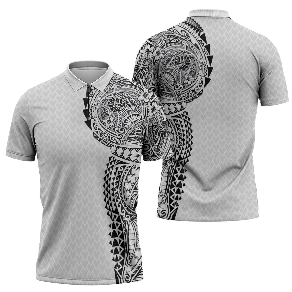 Hawaiian Traditional Tattoos Zipper Polo Shirt Kakau Tribal Tropical Plant Motif White Color LT03 - Polynesian Pride