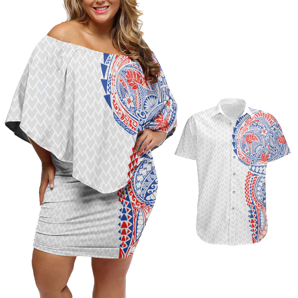 Hawaiian Traditional Tattoos Couples Matching Off Shoulder Short Dress and Hawaiian Shirt Kakau Tribal Tropical Plant Motif Hawaii Flag Color Inspired