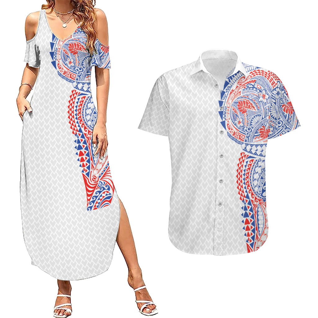 Hawaiian Traditional Tattoos Couples Matching Summer Maxi Dress and Hawaiian Shirt Kakau Tribal Tropical Plant Motif Hawaii Flag Color Inspired