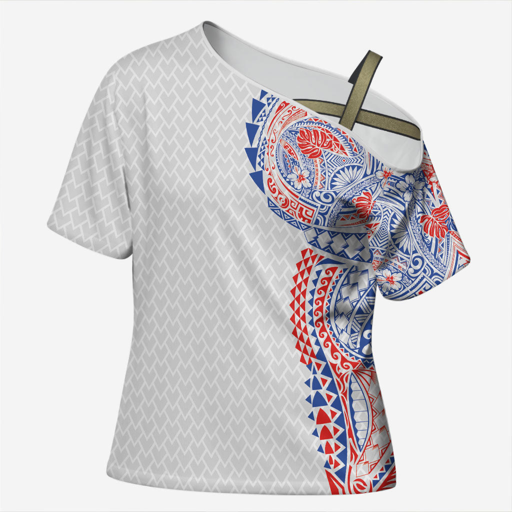 Hawaiian Traditional Tattoos Cross Shoulder Shirt Kakau Tribal Tropical Plant Motif Hawaii Flag Color Inspired LT03 Female Multicolor - Polynesian Pride