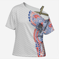 Hawaiian Traditional Tattoos Cross Shoulder Shirt Kakau Tribal Tropical Plant Motif Hawaii Flag Color Inspired LT03 Female Multicolor - Polynesian Pride