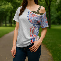Hawaiian Traditional Tattoos Cross Shoulder Shirt Kakau Tribal Tropical Plant Motif Hawaii Flag Color Inspired LT03 - Polynesian Pride