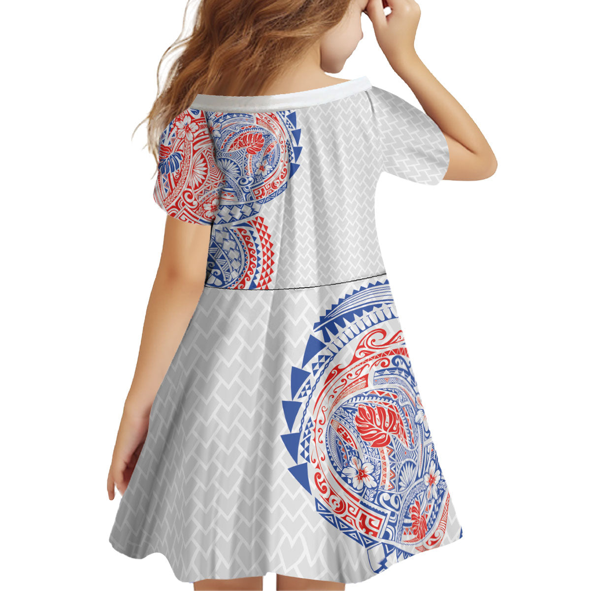 Hawaiian Traditional Tattoos Kid Short Sleeve Dress Kakau Tribal Tropical Plant Motif Hawaii Flag Color Inspired LT03 - Polynesian Pride
