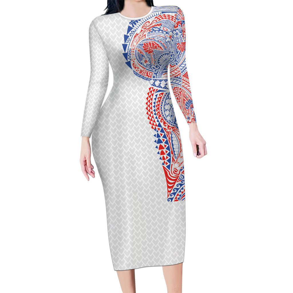 Hawaiian Traditional Tattoos Long Sleeve Bodycon Dress Kakau Tribal Tropical Plant Motif Hawaii Flag Color Inspired