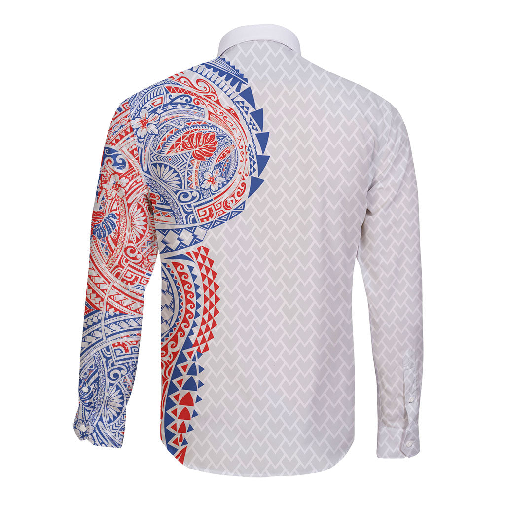 Hawaiian Traditional Tattoos Long Sleeve Button Shirt Kakau Tribal Tropical Plant Motif Hawaii Flag Color Inspired LT03 - Polynesian Pride