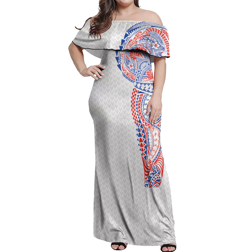 Hawaiian Traditional Tattoos Off Shoulder Maxi Dress Kakau Tribal Tropical Plant Motif Hawaii Flag Color Inspired