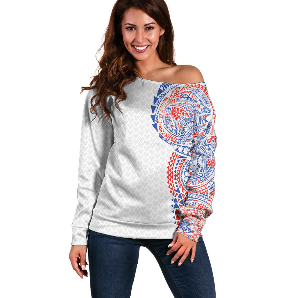 Hawaiian Traditional Tattoos Off Shoulder Sweater Kakau Tribal Tropical Plant Motif Hawaii Flag Color Inspired LT03 Women Multicolor - Polynesian Pride