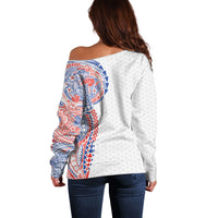 Hawaiian Traditional Tattoos Off Shoulder Sweater Kakau Tribal Tropical Plant Motif Hawaii Flag Color Inspired LT03 - Polynesian Pride