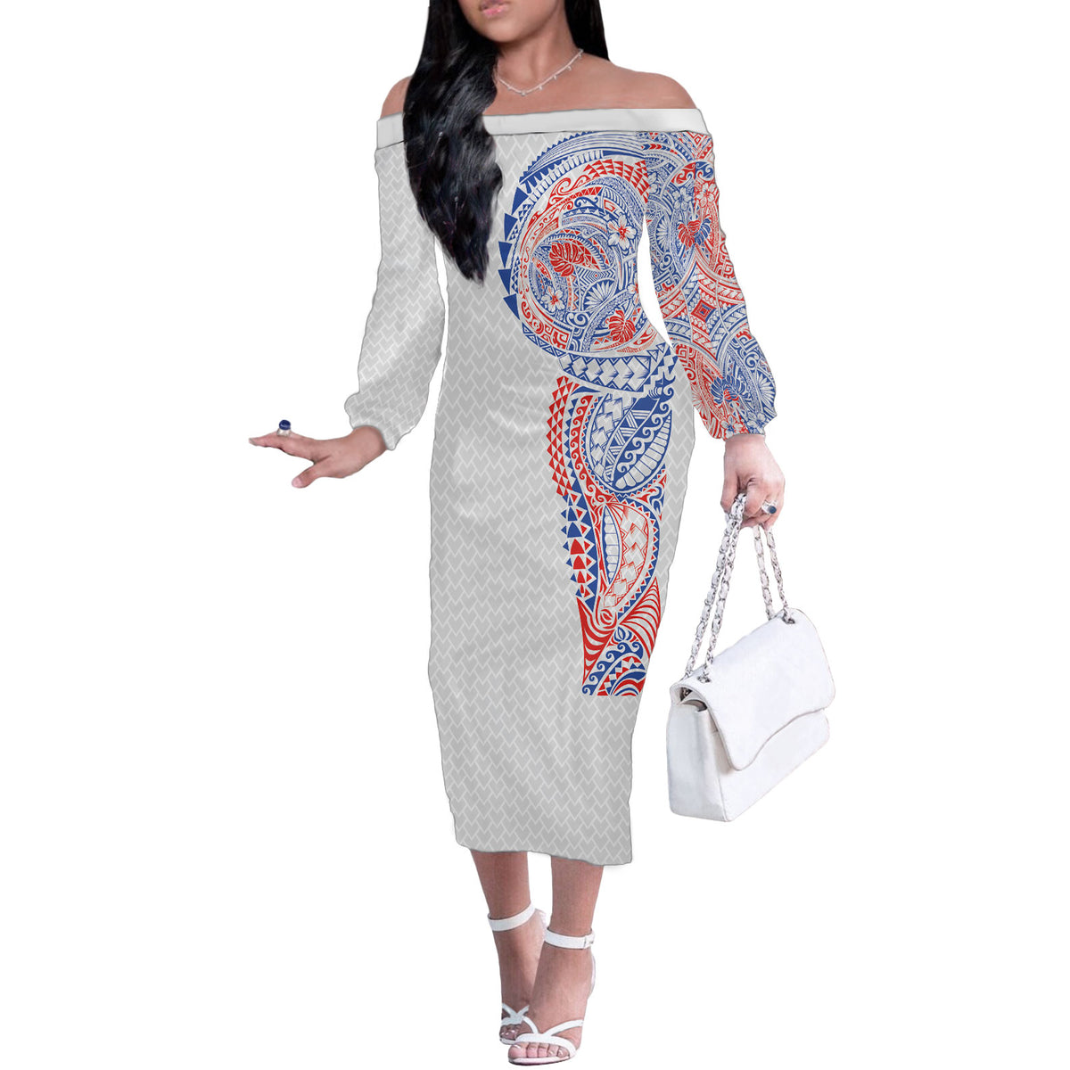 Hawaiian Traditional Tattoos Off The Shoulder Long Sleeve Dress Kakau Tribal Tropical Plant Motif Hawaii Flag Color Inspired
