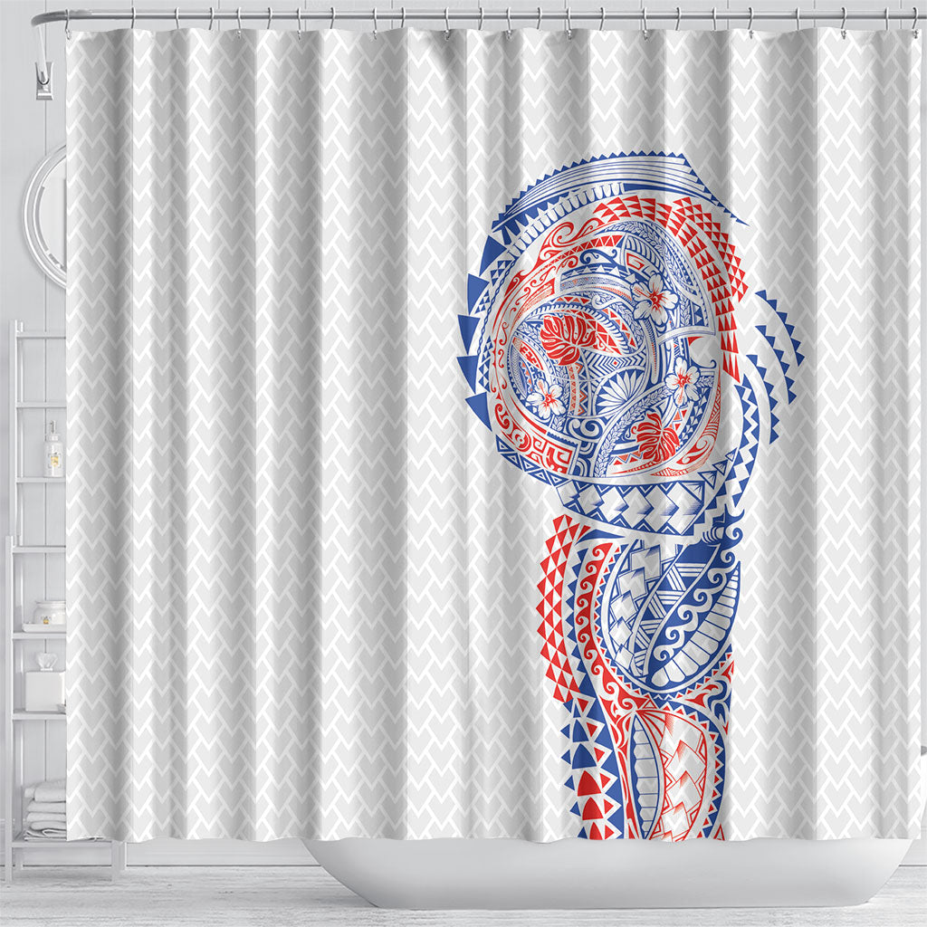Hawaiian Traditional Tattoos Shower Curtain Kakau Tribal Tropical Plant Motif Hawaii Flag Color Inspired LT03 - Polynesian Pride