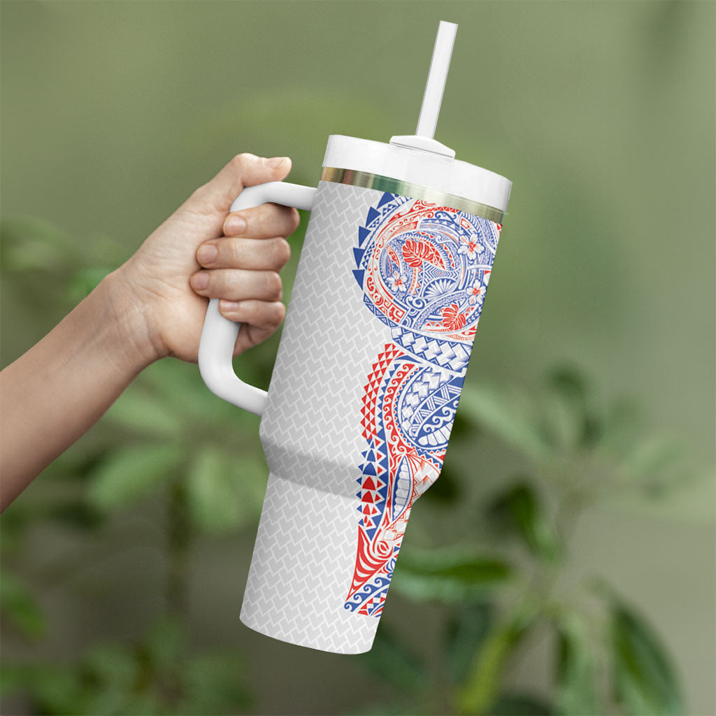 Hawaiian Traditional Tattoos Tumbler With Handle Kakau Tribal Tropical Plant Motif Hawaii Flag Color Inspired LT03 - Polynesian Pride