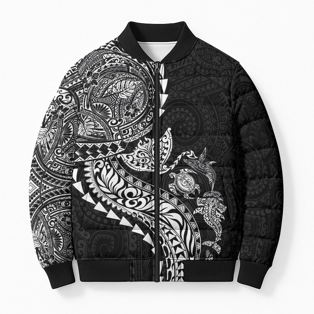 Hawaiian Kakau Tribal Sea Animals Tattoos Bomber Puffer Jacket Black Color