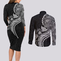 Hawaiian Kakau Tribal Sea Animals Tattoos Couples Matching Long Sleeve Bodycon Dress and Long Sleeve Button Shirt Black Color LT03 - Polynesian Pride