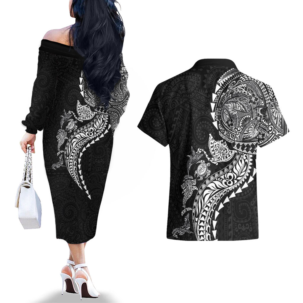 Hawaiian Kakau Tribal Sea Animals Tattoos Couples Matching Off The Shoulder Long Sleeve Dress and Hawaiian Shirt Black Color