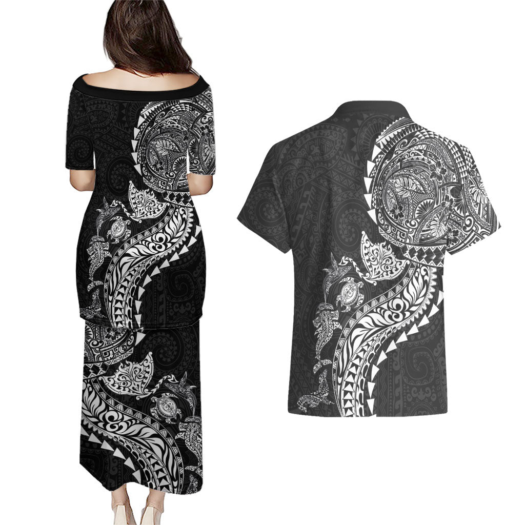 Hawaiian Kakau Tribal Sea Animals Tattoos Couples Matching Puletasi and Hawaiian Shirt Black Color LT03 - Polynesian Pride