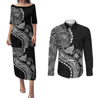 Hawaiian Kakau Tribal Sea Animals Tattoos Couples Matching Puletasi and Long Sleeve Button Shirt Black Color LT03 Black - Polynesian Pride