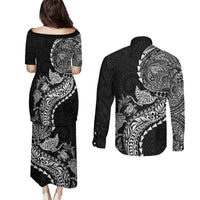 Hawaiian Kakau Tribal Sea Animals Tattoos Couples Matching Puletasi and Long Sleeve Button Shirt Black Color LT03 - Polynesian Pride
