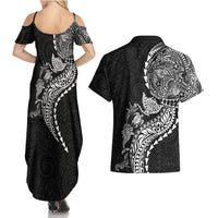 Hawaiian Kakau Tribal Sea Animals Tattoos Couples Matching Summer Maxi Dress and Hawaiian Shirt Black Color LT03 - Polynesian Pride