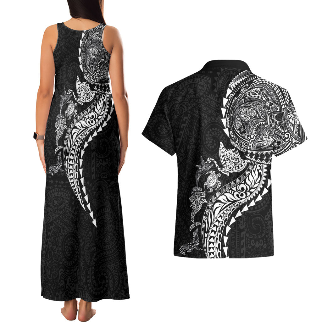 Hawaiian Kakau Tribal Sea Animals Tattoos Couples Matching Tank Maxi Dress and Hawaiian Shirt Black Color LT03 - Polynesian Pride