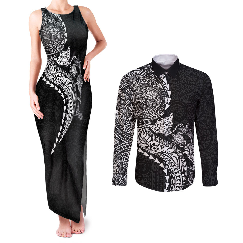 Hawaiian Kakau Tribal Sea Animals Tattoos Couples Matching Tank Maxi Dress and Long Sleeve Button Shirt Black Color LT03 Black - Polynesian Pride