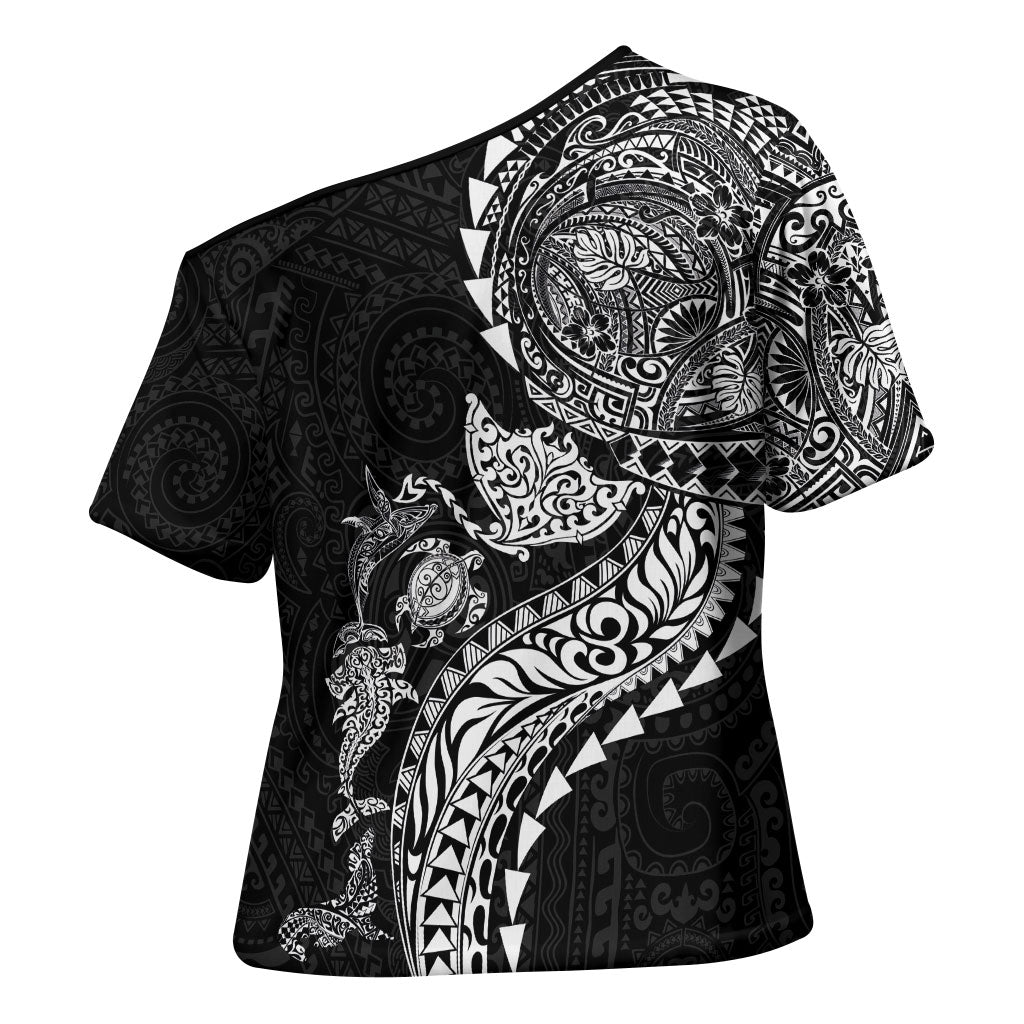 Hawaiian Kakau Tribal Sea Animals Tattoos Cross Shoulder Shirt Black Color