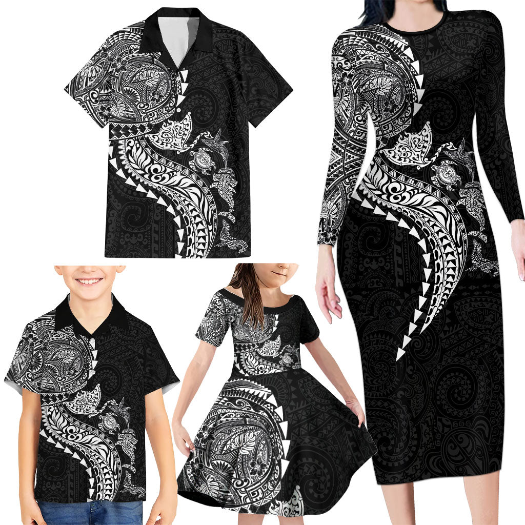 Hawaiian Kakau Tribal Sea Animals Tattoos Family Matching Long Sleeve Bodycon Dress and Hawaiian Shirt Black Color