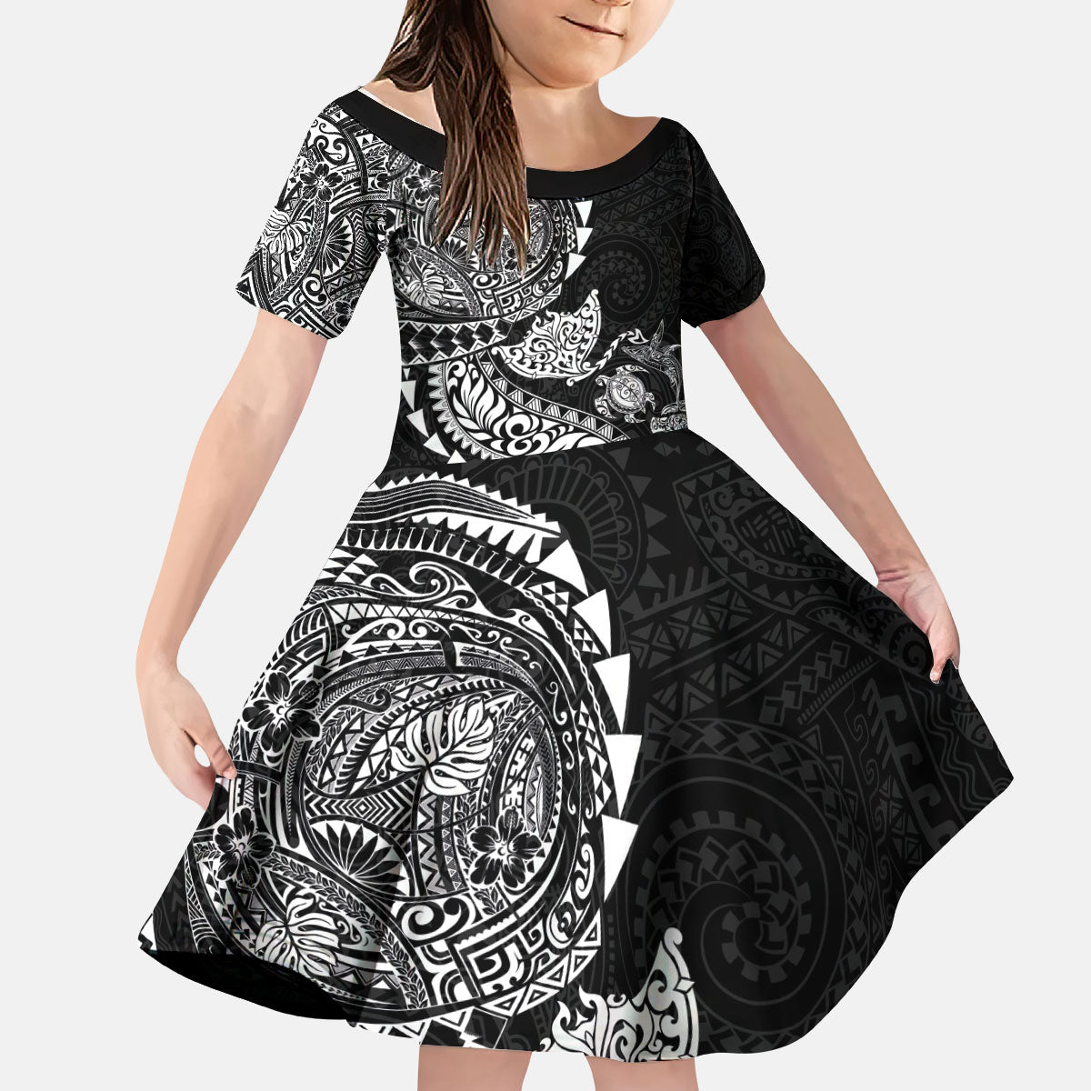 Hawaiian Kakau Tribal Sea Animals Tattoos Kid Short Sleeve Dress Black Color LT03 KID Black - Polynesian Pride