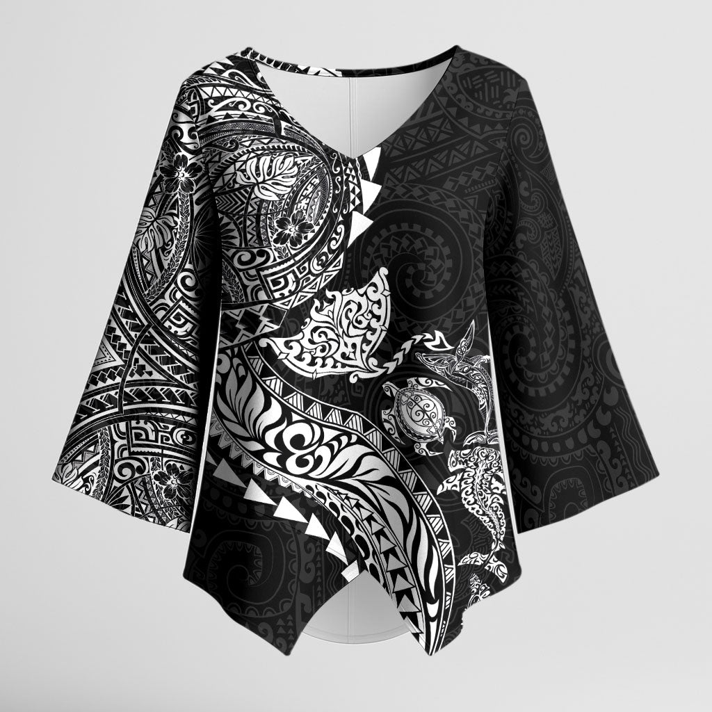 Hawaiian Kakau Tribal Sea Animals Tattoos Kimono Sleeve Blouse Black Color