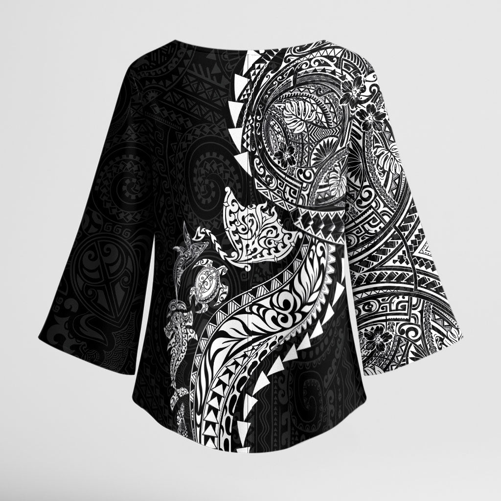 Hawaiian Kakau Tribal Sea Animals Tattoos Kimono Sleeve Blouse Black Color
