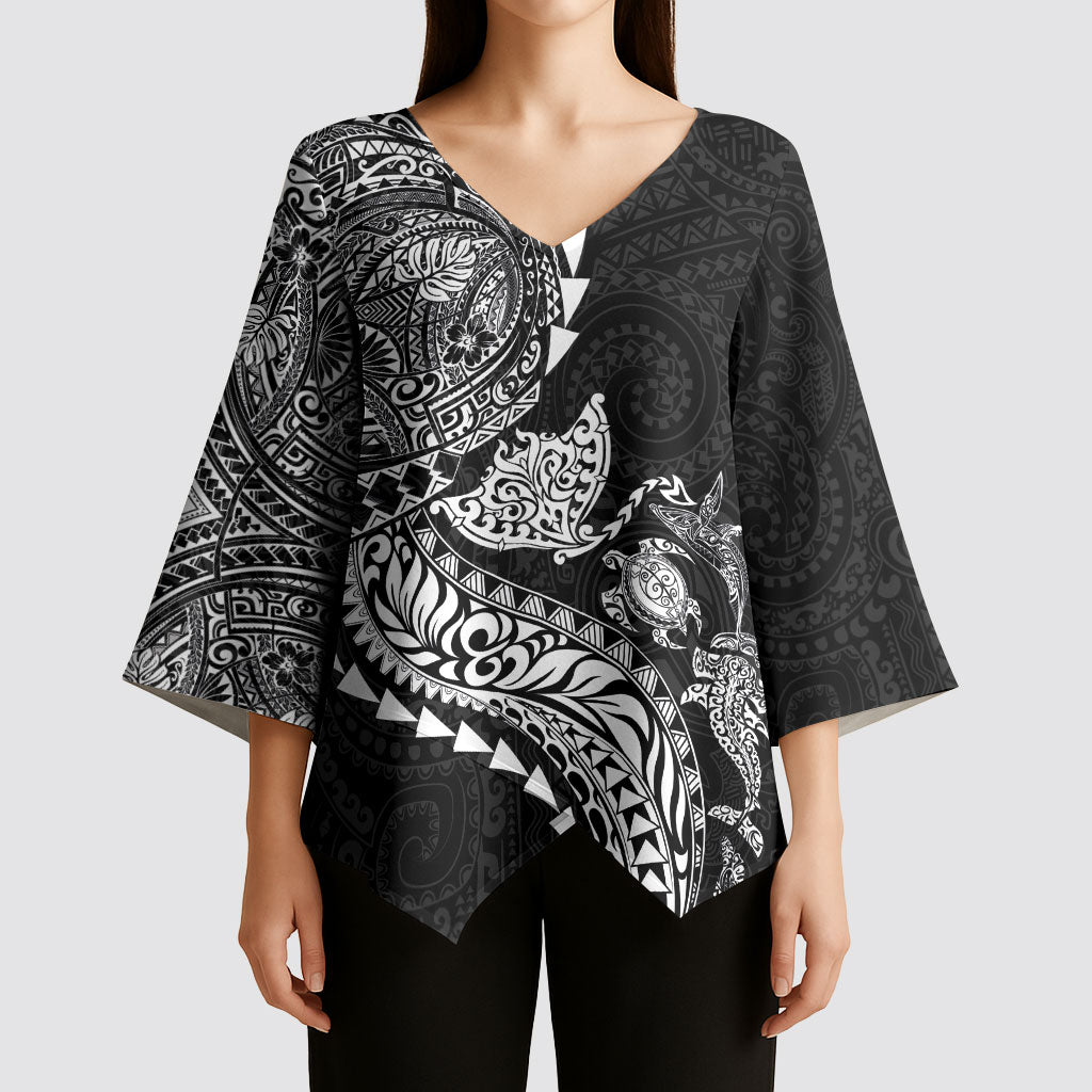 Hawaiian Kakau Tribal Sea Animals Tattoos Kimono Sleeve Blouse Black Color