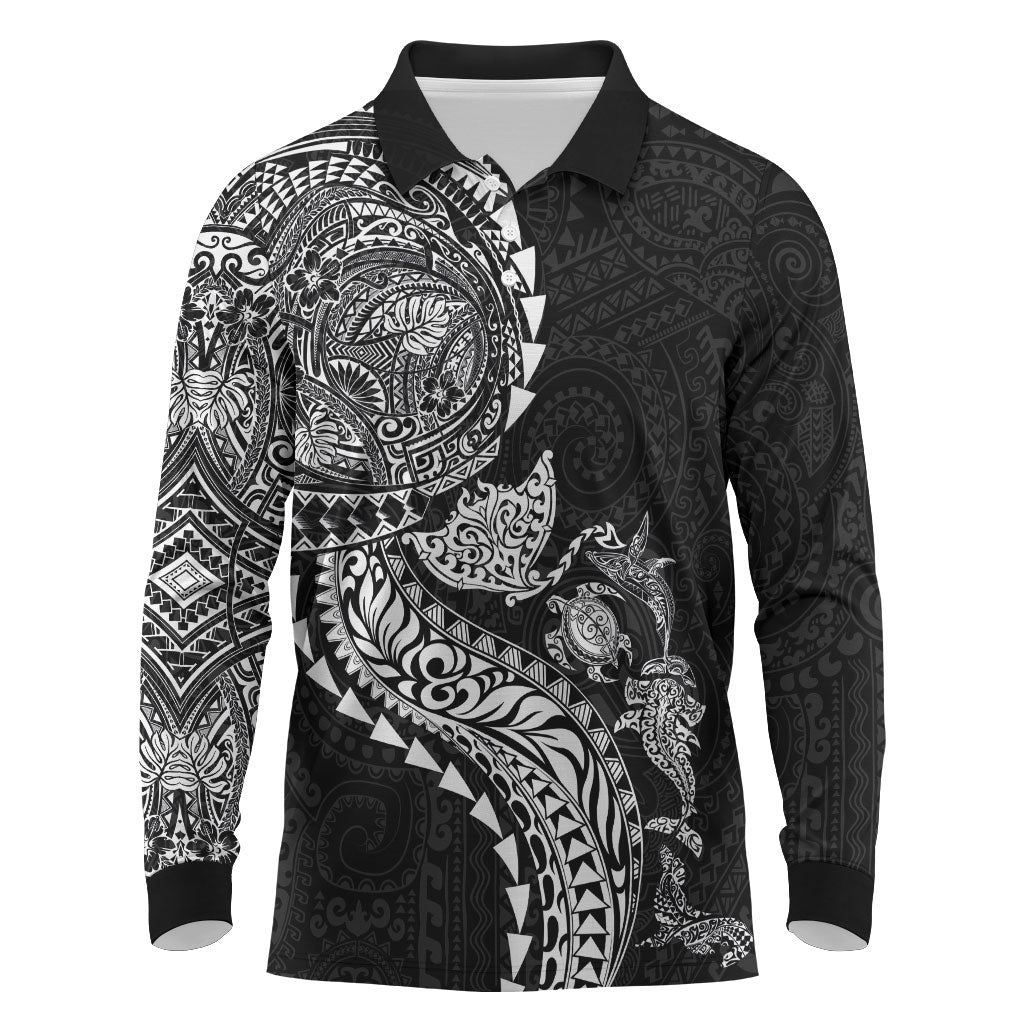 Hawaiian Kakau Tribal Sea Animals Tattoos Long Sleeve Polo Shirt Black Color