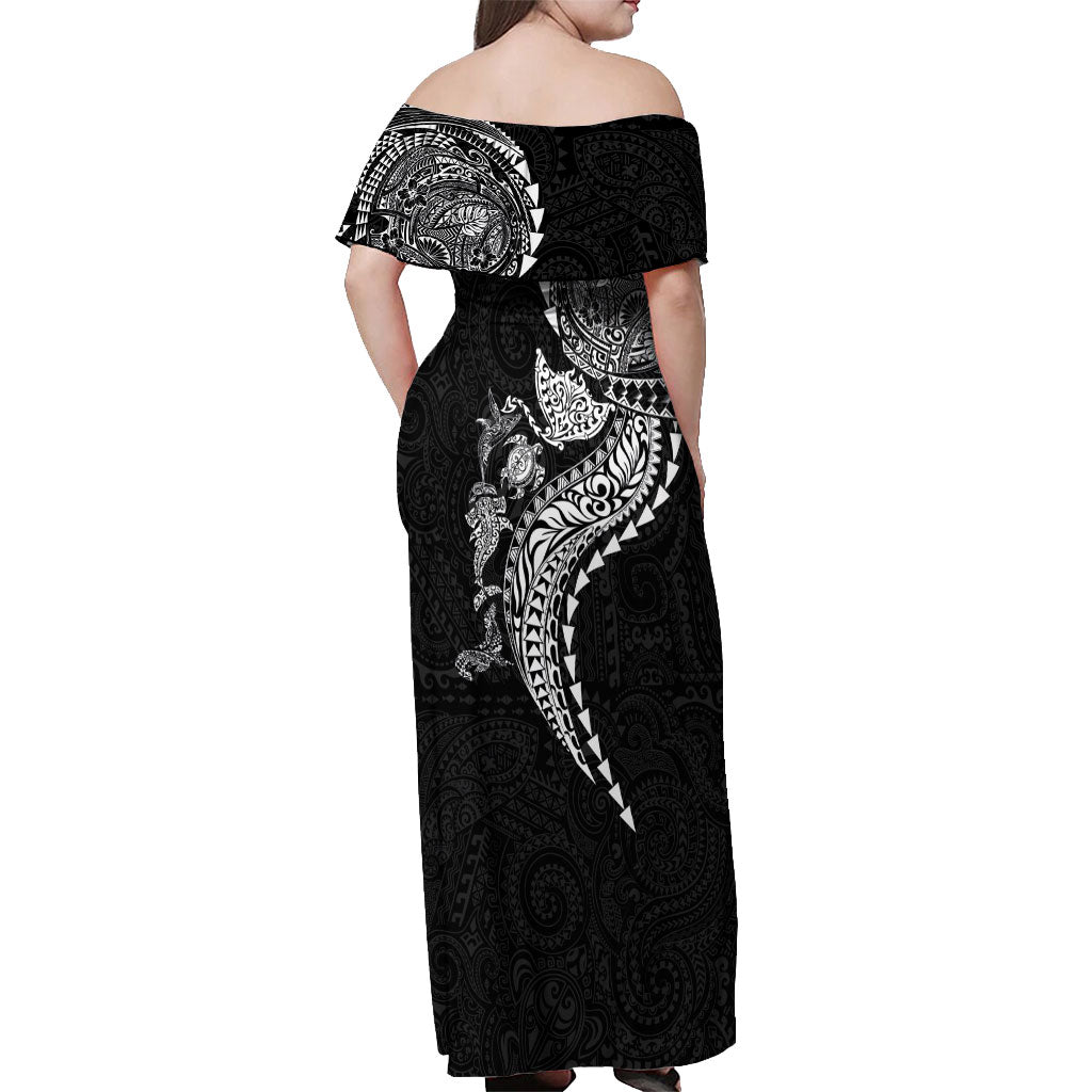 Hawaiian Kakau Tribal Sea Animals Tattoos Off Shoulder Maxi Dress Black Color