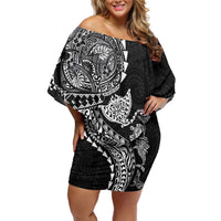 Hawaiian Kakau Tribal Sea Animals Tattoos Off Shoulder Short Dress Black Color