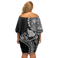 Hawaiian Kakau Tribal Sea Animals Tattoos Off Shoulder Short Dress Black Color