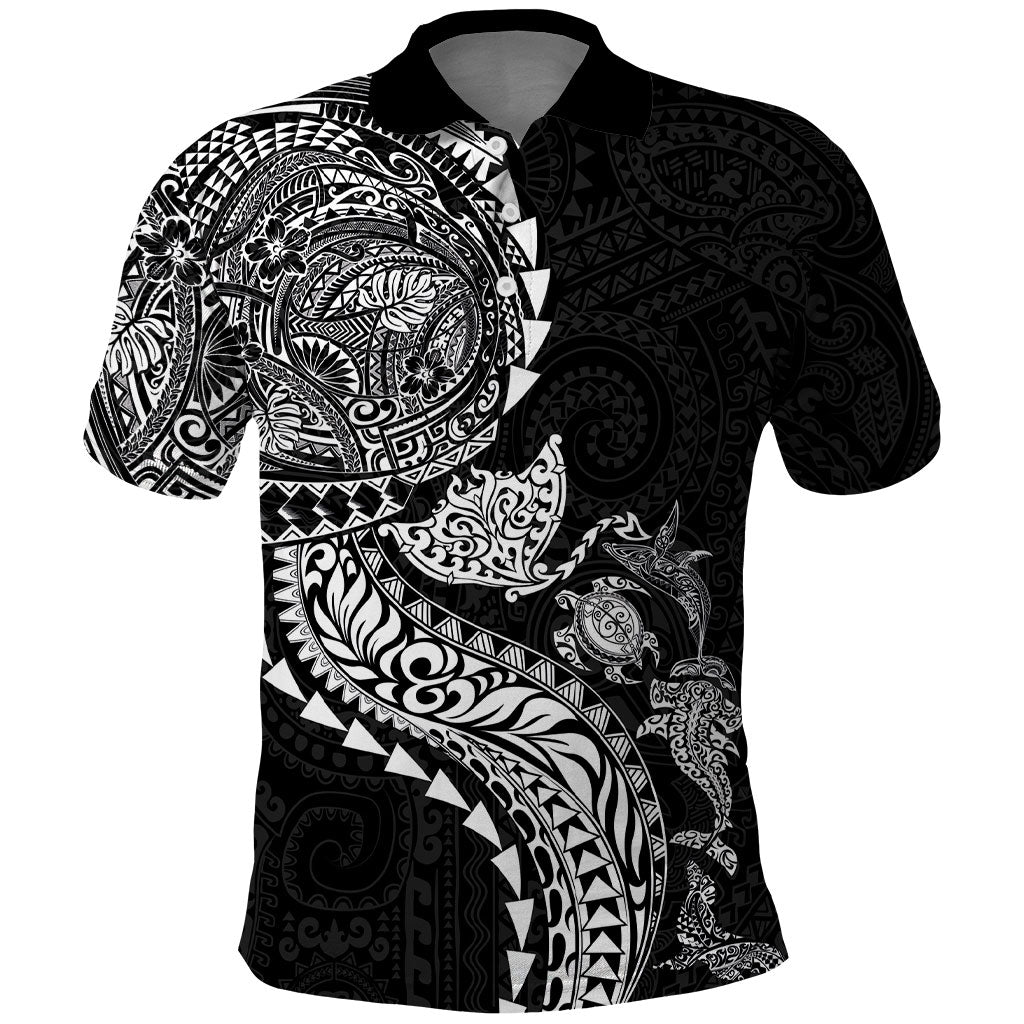 Hawaiian Kakau Tribal Sea Animals Tattoos Polo Shirt Black Color
