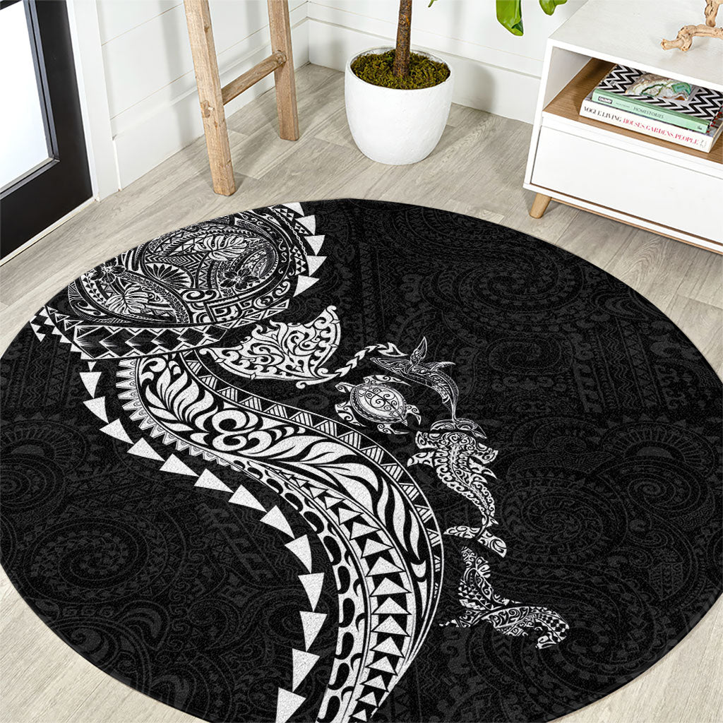 Hawaiian Kakau Tribal Sea Animals Tattoos Round Carpet Black Color